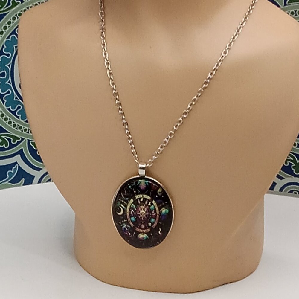 Zodiac Celestial Necklace Oval Pendant Astrological Symbols Silver-tone Chain - Picture 2 of 10